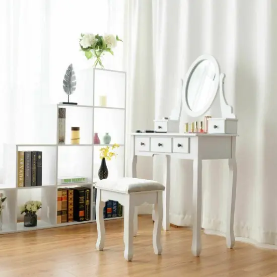 Dressing Table Set with Oval Mirror Stool and 5 Storage Drawers {2}