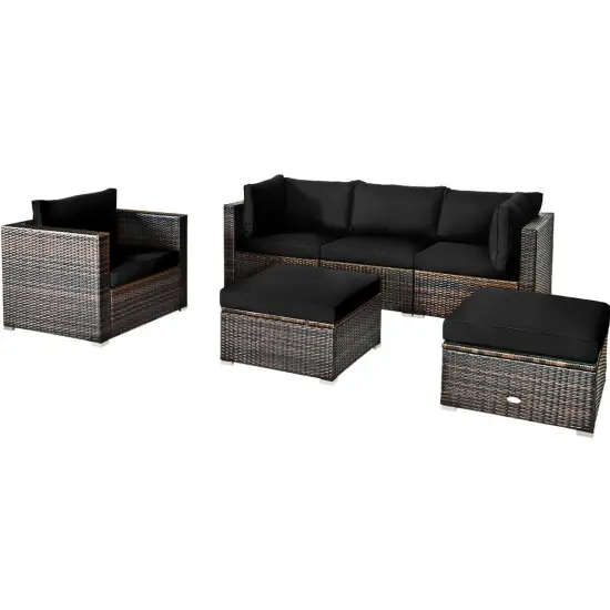 6 Pcs Patio Rattan Furniture Set with Sectional Cushion Black {3}
