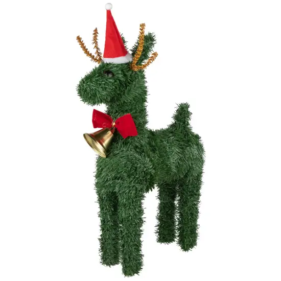 Northlight Reindeer with Santa Hat, Bell and Bow Artificial Pine Christmas Decoration - 16" Green {1}