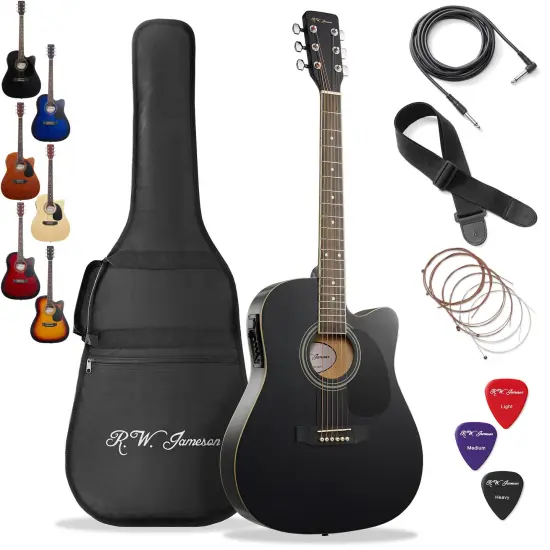 Jameson Guitars Full Size Thinline Acoustic Electric Guitar with Free Gig Bag Case & Picks Black {7}
