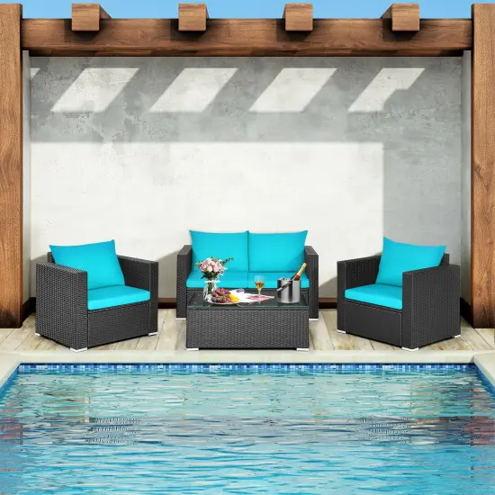 4Pcs Patio Rattan Cushioned Furniture Set Turquoise {2}