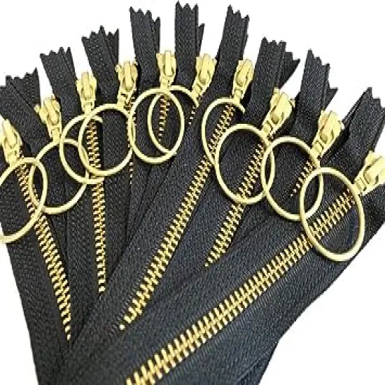 9 inches YKK Number 5 Golden Brass Metal 10 Zippers with A Ring Pull Closed End Black for Apparel, Bags, Sewing & Crafts Projects - Made in USA {1}