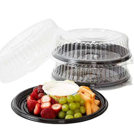 3 Pck Heavy Duty, Recyclable 12 in. Serving Tray and Lid 3pk. Large, Black Plastic Party Platters with Clear Lids Dishware Plate, Elegant Round Banquet or Catering Trays for {2}