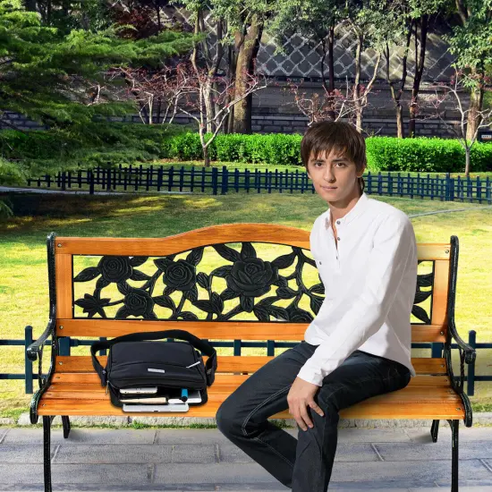 Patio Park Garden Metal Bench Porch Path Chair Furniture Cast Iron Hardwood {5}