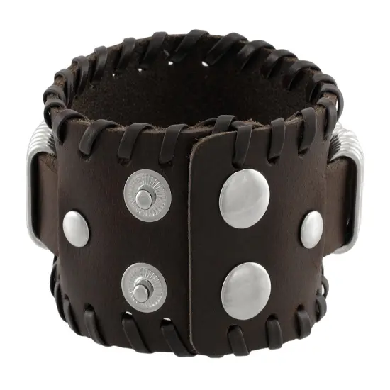 Brown Leather Wristband with Chrome Rings Faux Compass Center {4}