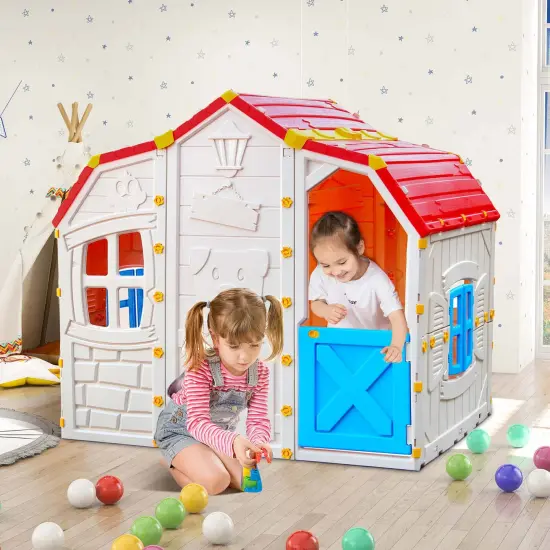 Costway Kids Playhouse Realistic Cottage Playhouse with Openable Windows & Working Door {5}