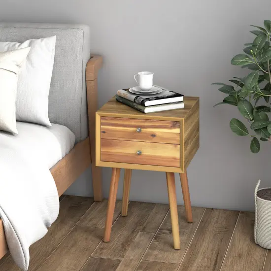 23.5 Inch Nightstand End Side Table with 2 Storage Drawers and Rubber Wood Legs Natural {2}