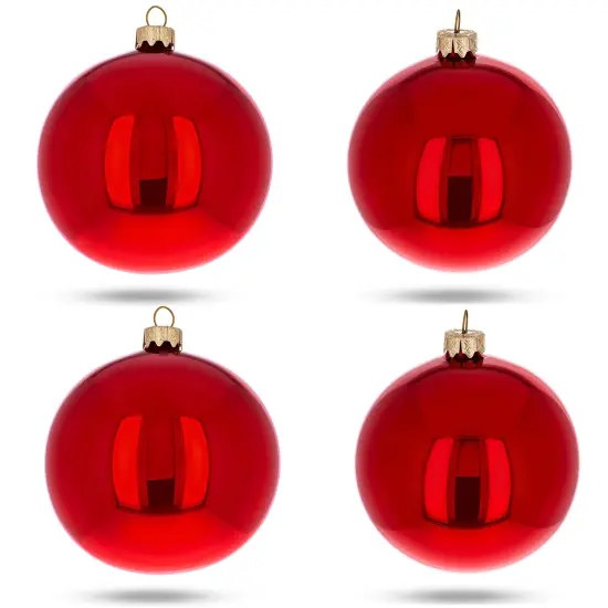 Set of 4 Glossy Red Glass Ball Christmas Ornaments 4 Inches {1}
