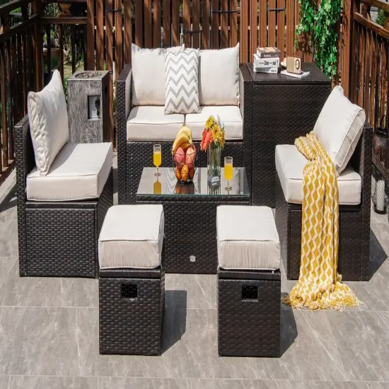 8 Pieces Patio Space-Saving Rattan Furniture Set with Storage Box and Waterproof Cover White {6}