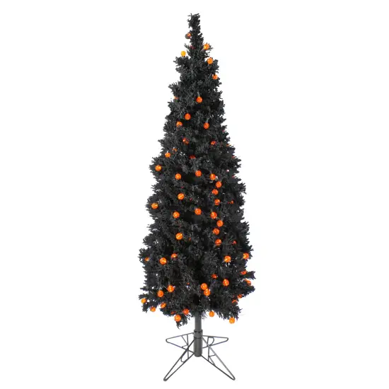 Allstate 6.5' Pre-Lit Pencil Flocked Pine Artificial Christmas Tree - Orange LED Lights Green {1}