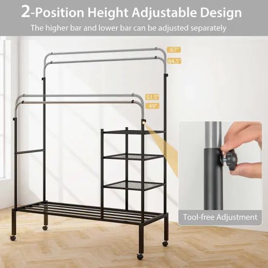 Costway Rolling Clothes Drying Rack Double Rods Garment Rack with Height Adjustables Gold/Silver {5}
