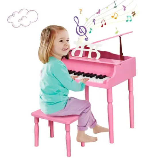 30-Key Wood Toy Kids Grand Piano with Bench and Music Rack Pink {3}