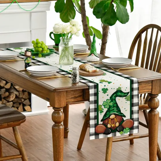 Buffalo Plaid Shamrock Gnome St. Patrick's Day Table Runner, Seasonal Spring Holiday Kitchen Dining Table Decoration for Indoor Outdoor Home Party Decor 13 x 72 Inch {1}