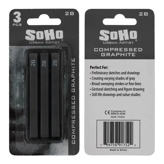 SoHo Urban Artist Compressed Graphite Sticks 2B, Pack of 3 - Premium Graphite Sticks for Drawing - Versatile & Smooth Gliding Artist Graphite - Ideal for Professionals, Students, and Artists {7}