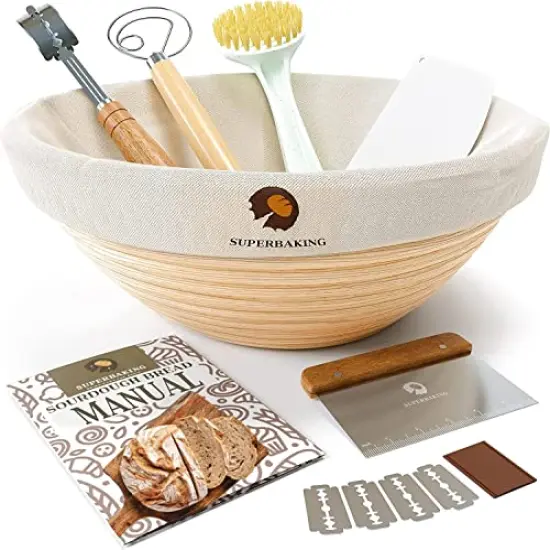 Superbaking Bread Proofing Basket, Round 9 inch Sourdough Starter Kit, Proofing Basket for Bread baking, Bread Making Supplies Tools, Banneton Basket Gift Set {1}