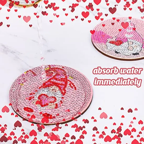 8 Pieces Valentines Day Diamond Paintings Coasters Diamond Painting Coasters with Iron Holder, DIY Gnome Diamond Painting Kit for Adults & Kids Diamond Art Craft Supplies Valentines Decorations {6}