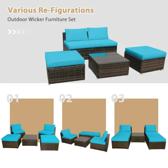 5 Pieces Patio Rattan Furniture Set With Cushioned Armless Sofa Turquoise {6}