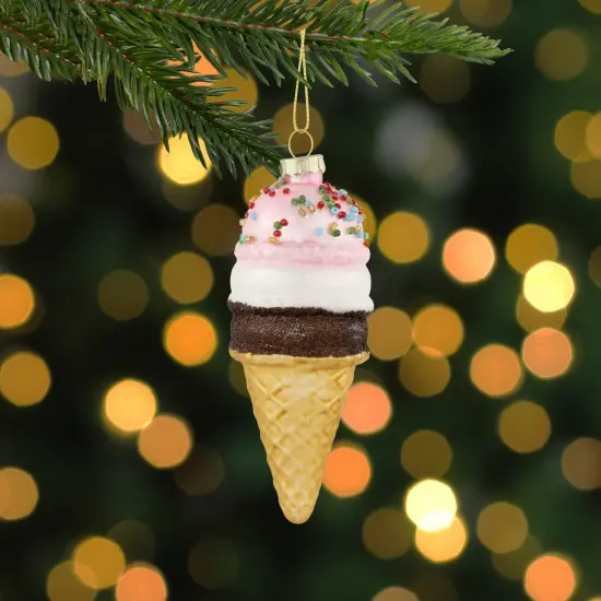 Northlight 5" Neapolitan Ice Cream Cone Glittered Glass Christmas Hanging Ornament Pink {3}