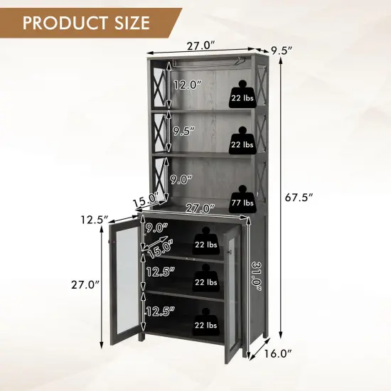 Tall Freestanding Bar Cabinet Buffet with Glass Holder and Adjustable Shelf {4}