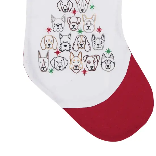 Dog Themed Embroidered Christmas Stocking on White Background with Red Cuff Features Dog Face Christmas Tree Stocking 20.0 in. {4}