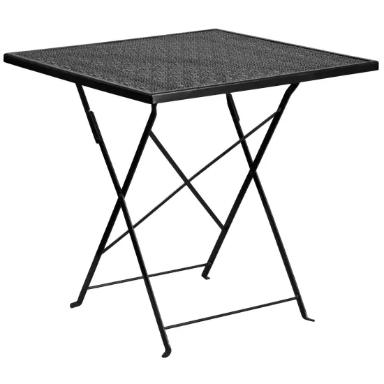 Emma and Oliver Commercial Grade 28" Square Metal Folding Patio Table Set w/ 2 Round Back Chairs Black {3}