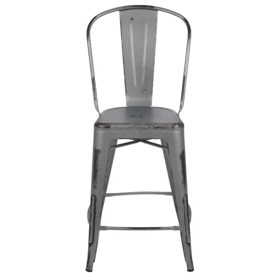 Emma and Oliver Commercial Grade 4 Pack 24" High Distressed Metal Indoor-Outdoor Counter Height Stool with Back Black {7}