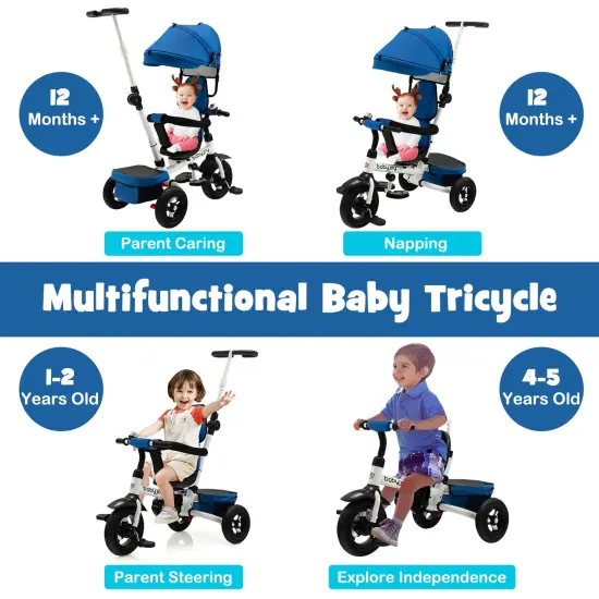 Folding Tricycle Baby Stroller with Reversible Seat and Adjustable Canopy Blue {5}