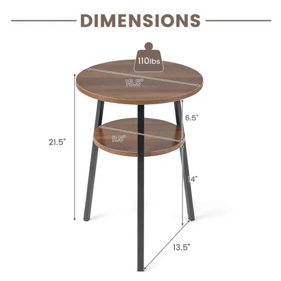 Costway 2PCS 2-Tier Bedside End Table Round Nightstand for Bedroom Living Room Brown/Walnut {3}