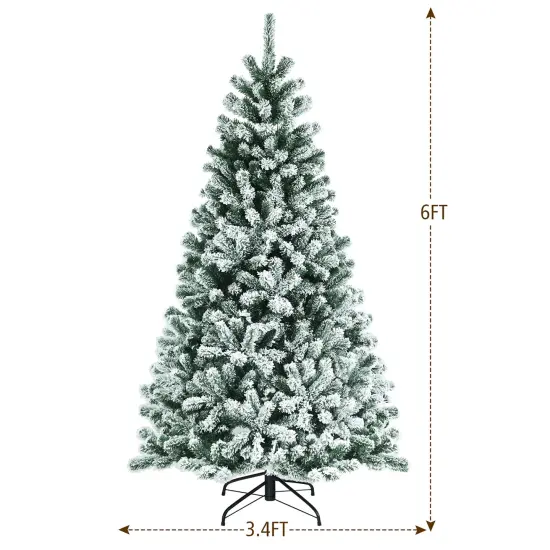 Costway 6ft Pre-lit Snow Flocked Hinged Christmas Tree w/ 928 Tips & Metal Stand {4}