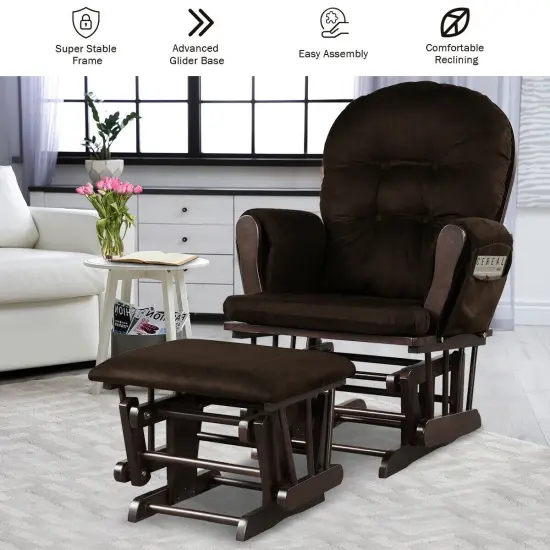 Solid Wood Gliding Chair Set with Pockets and Ottoman for Relaxing Brown {5}