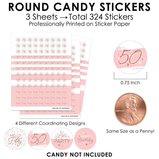 Big Dot of Happiness 50th Pink Rose Gold Birthday - Happy Birthday Party Small Round Candy Stickers - Party Favor Labels - 324 Count {4}