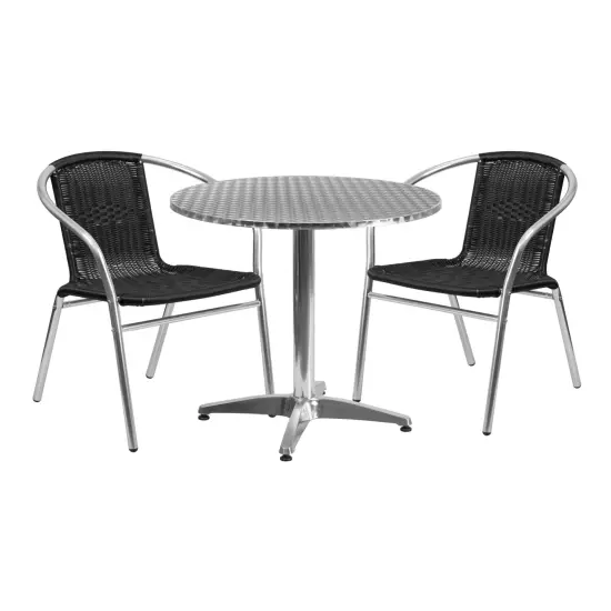 Emma and Oliver 31.5" Round Aluminum Garden Patio Table Set with 2 Rattan Chairs Black {1}