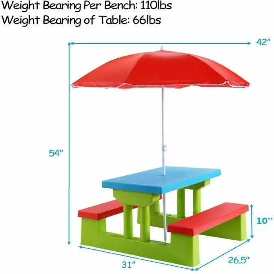 Kids Picnic Folding Table and Bench Set with Umbrella Green {4}