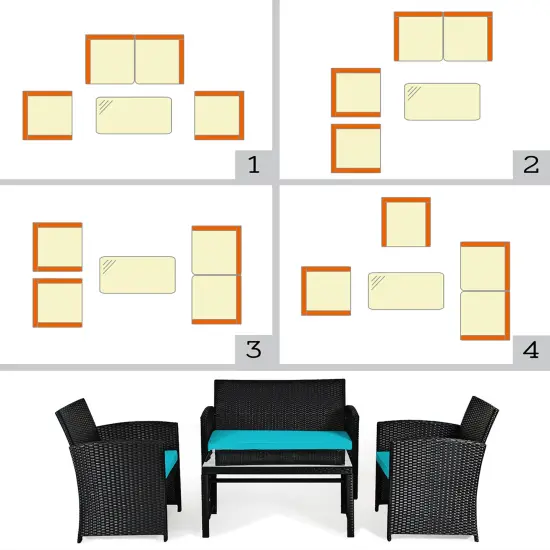 Costway 4PCS Patio Rattan Furniture Conversation Set Cushion Sofa Table Garden Turquoise\Navy {6}