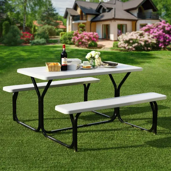 Costway Picnic Table Bench Set Outdoor Backyard Patio Garden Party Dining All Weather Black/White/Grey/Brown/Green {1}