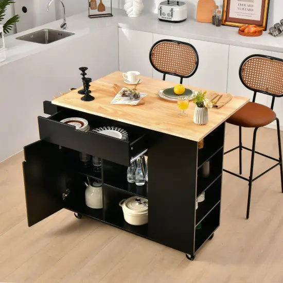 Drop-Leaf Kitchen Island with Rubber Wood Top Black {2}