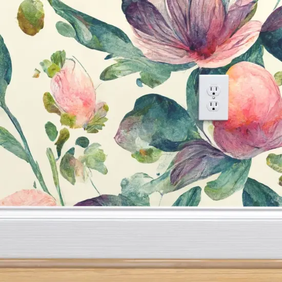 Pre-Pasted Wallpaper 2FT Wide Boho Watercolor Floral Botanical Leaves Large Scale Rose Romantic Flowers Custom Pre-pasted Wallpaper by Spoonflower {4}