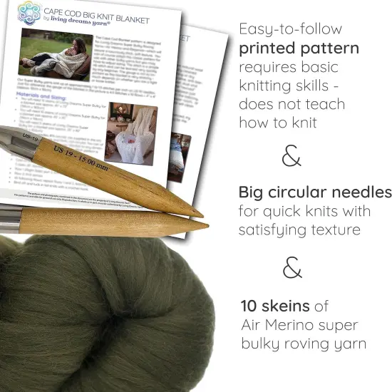 DIY Merino Wool Blanket Knitting Kit: Soft and Thick #7 Weight Jumbo Yarn, Knitting Needles and Pattern. Soft, Cozy, Great for Gifts Cedar {2}