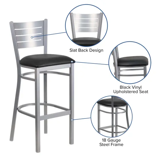 Emma and Oliver Silver Slat Back Metal Restaurant Dining Barstool WalnutWood/Silver {7}