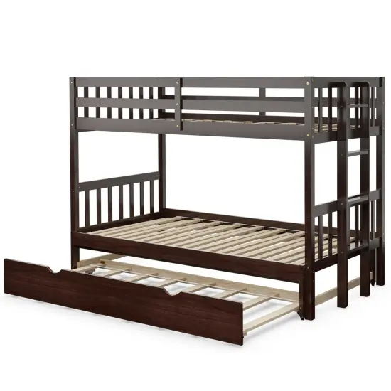 Dark Brown White Wood 4-in-1 Convertible Bunk Bed with Trundle and Ladder Espresso {1}