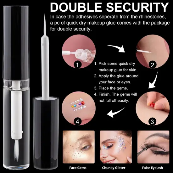 2758 Pieces of Rhinestone Stickers 3/4/5/6/8mm with 14 Colors Self Adhesive Face Gems, Stick on Body Crystal Jewels with Quick Dry Makeup Glue for Face Eye Hair Nails Make up and Craft DIY Decorations {3}