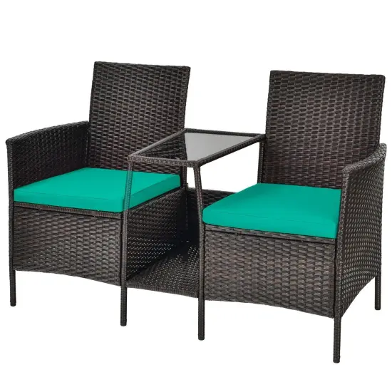 Patio Rattan Wicker Conversation Set Sofa Cushioned Loveseat Glass Table Turquoise {3}