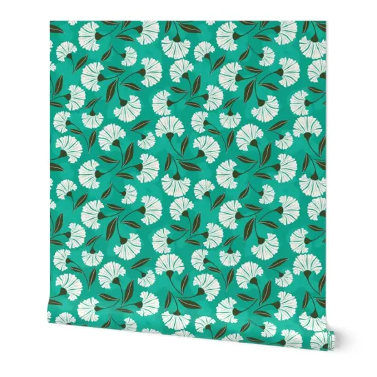 Peel & Stick Wallpaper 2FT Wide Weathered Teal Floral Nature Victorian Summer Garden Picnic Jade Green White Custom Removable Wallpaper by Spoonflower {7}