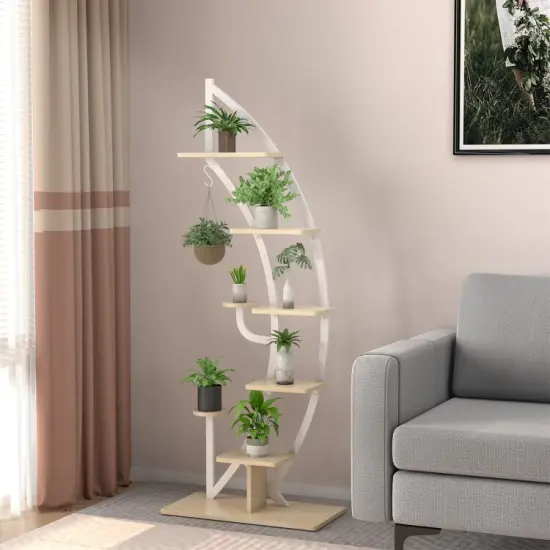 6 Tier 9 Potted Metal Plant Stand Holder Display Shelf with Hook White {5}