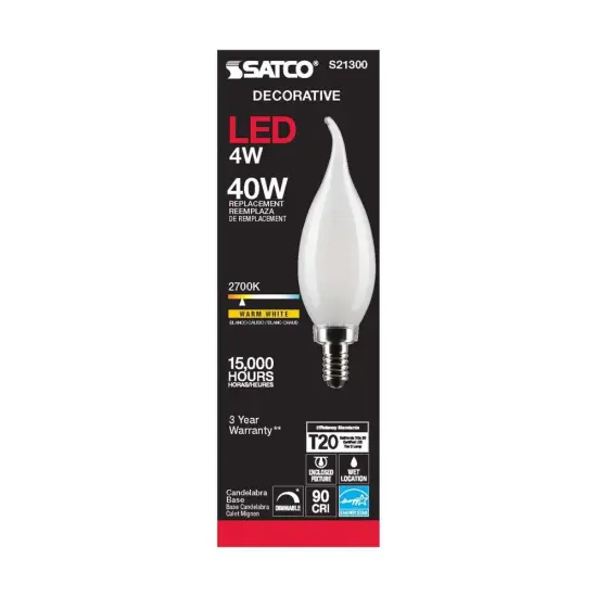 6Pk - Satco 4w CA10 LED 2700K Candelabra Base Frosted Dimmable - 40w equiv Warm White {5}
