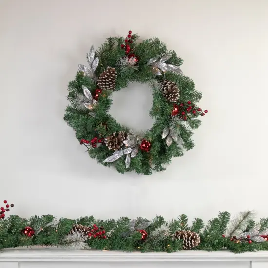 Northlight Pre-Lit Battery Operated Frosted Pine Cone and Berries Christmas Wreath - 24" - White LED Lights Green {3}