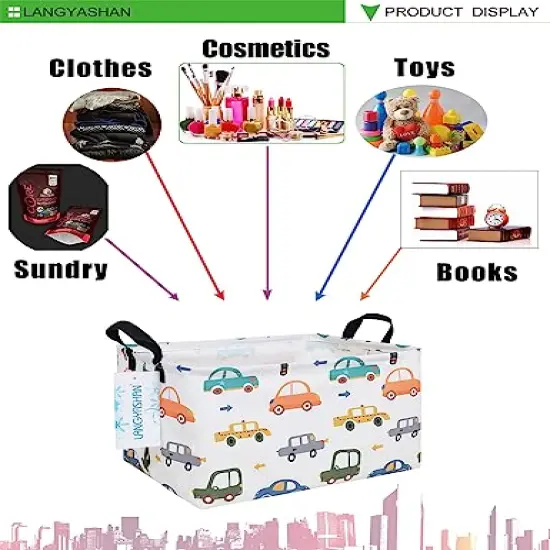 LANGYASHAN Rectangular Storage Bin Collapse Canvas Fabric Cartoon Storage Basket with Handles for Organizing Home Kitchen Boys and Girls Toys Office Closet Shelf Baskets(Rec Color Cars) {6}