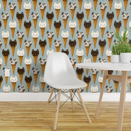 Peel & Stick Wallpaper 2FT Wide Whimsical Cats Ice Cream Cute Kittens Cone Kids Blue Sweet Food Animals Custom Removable Wallpaper by Spoonflower {1}