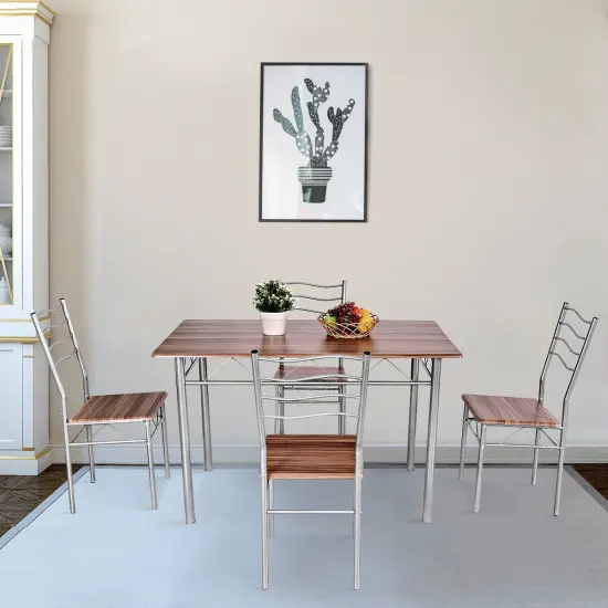 5 pcs Wood Metal Dining Table Set with 4 Chairs Walnut {2}