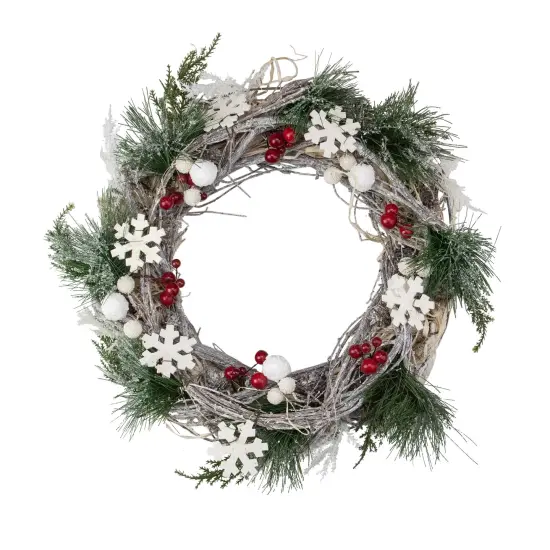 Northlight Snowflakes and Berries Winter Foliage Christmas Wreath - 13" - Unlit White {3}